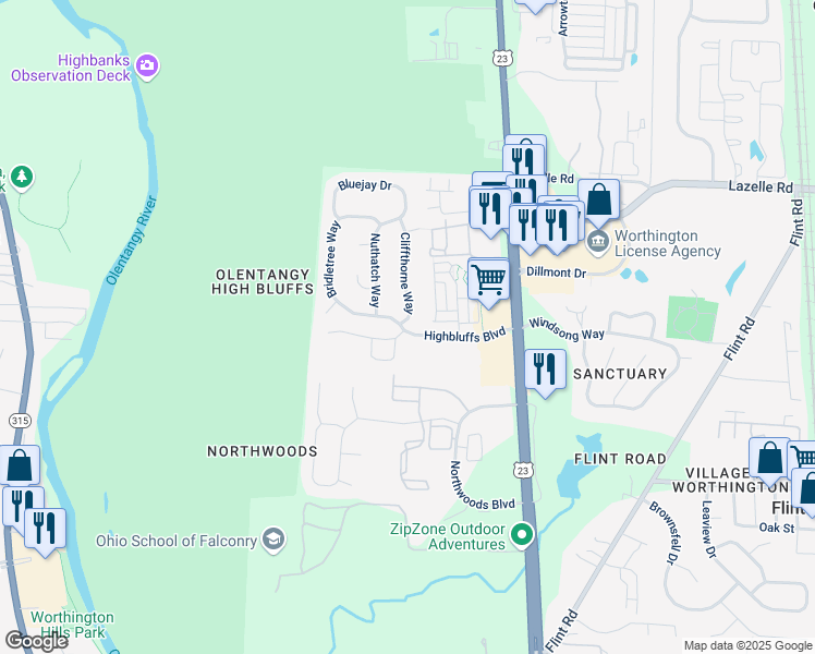 map of restaurants, bars, coffee shops, grocery stores, and more near 8330 Cliffthorne Way in Columbus