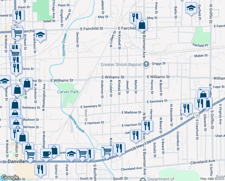 map of restaurants, bars, coffee shops, grocery stores, and more near 505 North Collett Street in Danville