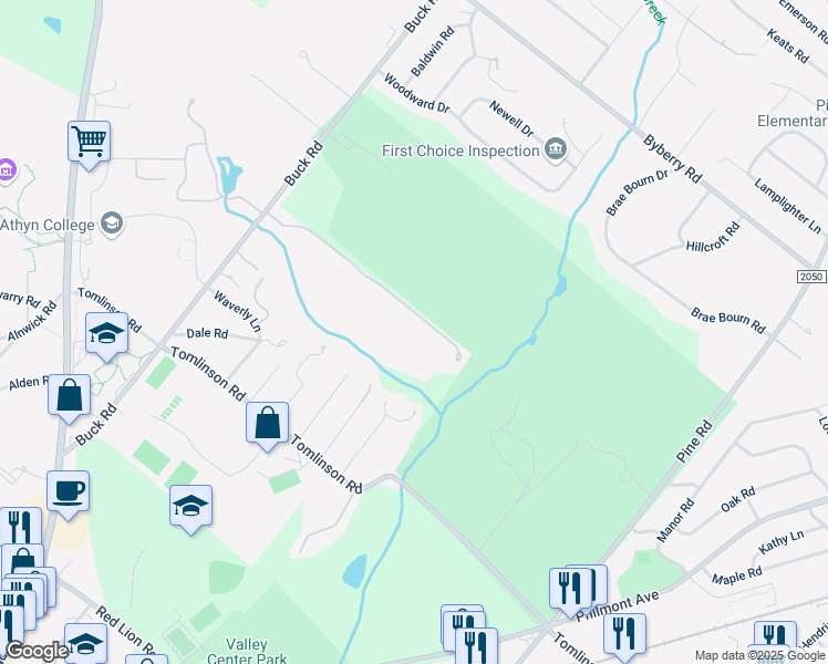 map of restaurants, bars, coffee shops, grocery stores, and more near 3097 Buck Road in Bryn Athyn