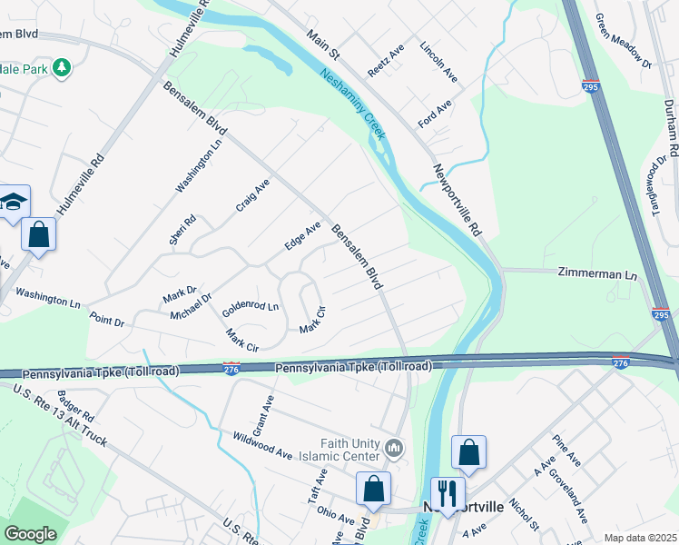 map of restaurants, bars, coffee shops, grocery stores, and more near 6239 Fernwood Avenue in Bensalem