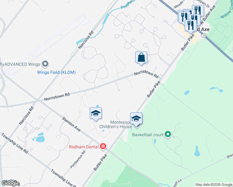 map of restaurants, bars, coffee shops, grocery stores, and more near 98 Norristown Road in Blue Bell