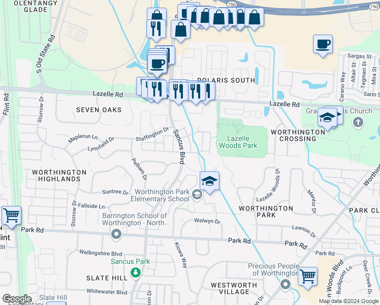 map of restaurants, bars, coffee shops, grocery stores, and more near 1010 Philadelphia Drive in Westerville