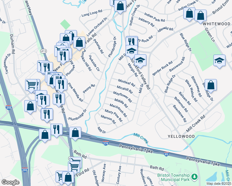 map of restaurants, bars, coffee shops, grocery stores, and more near 44 Mayflower Road in Levittown