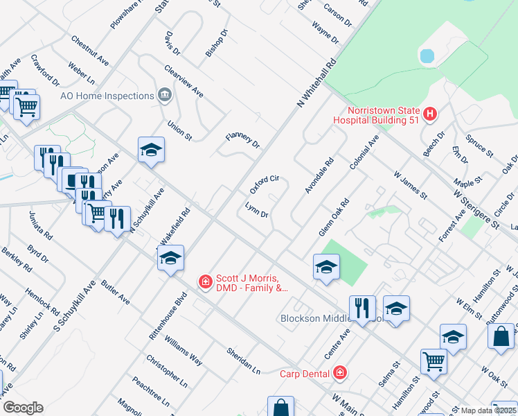 map of restaurants, bars, coffee shops, grocery stores, and more near 15 Lynn Drive in Norristown
