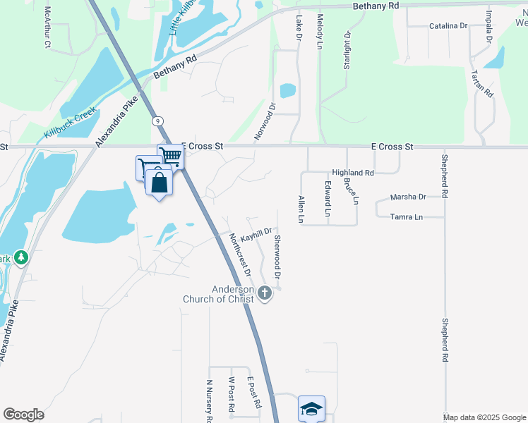 map of restaurants, bars, coffee shops, grocery stores, and more near 2212 Cottonwood Drive in Anderson