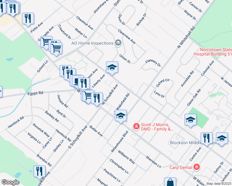 map of restaurants, bars, coffee shops, grocery stores, and more near 52 North Schuylkill Avenue in Norristown