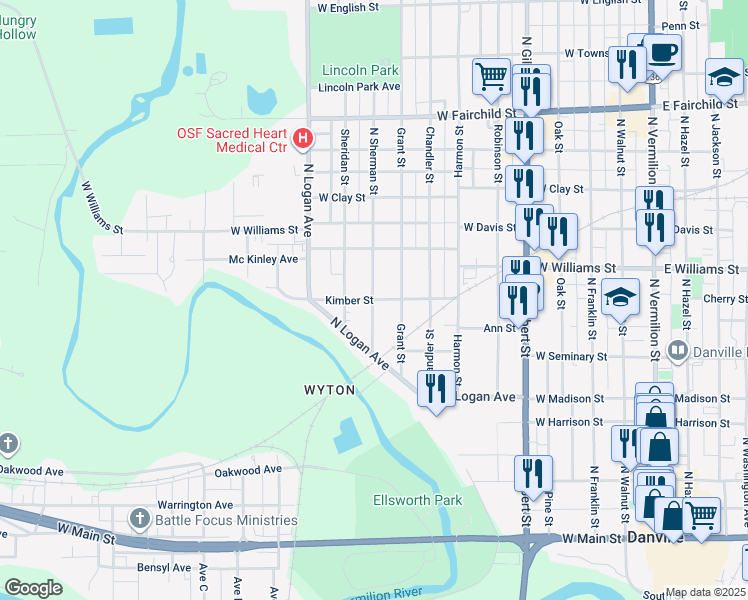 map of restaurants, bars, coffee shops, grocery stores, and more near 499 North Sherman Street in Danville