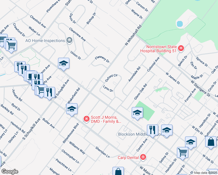 map of restaurants, bars, coffee shops, grocery stores, and more near 15 Lynn Drive in Norristown