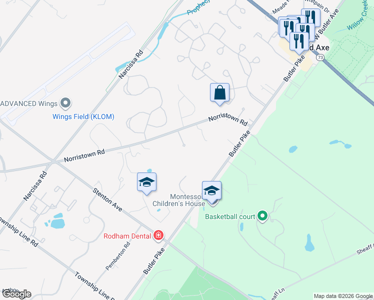 map of restaurants, bars, coffee shops, grocery stores, and more near 92 Norristown Road in Blue Bell