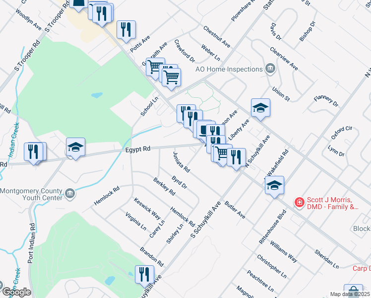 map of restaurants, bars, coffee shops, grocery stores, and more near 14 Egypt Road in Norristown