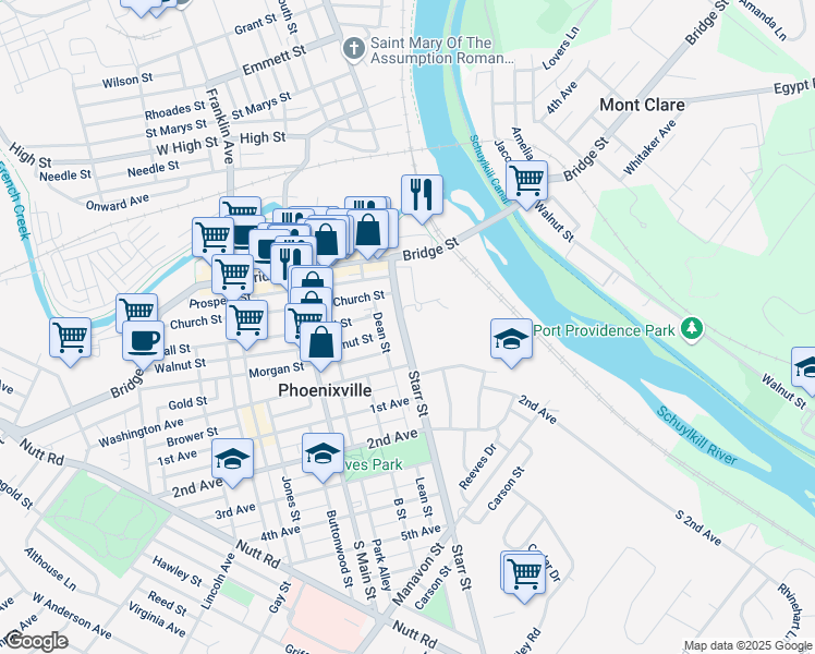 map of restaurants, bars, coffee shops, grocery stores, and more near 109 Starr Street in Phoenixville