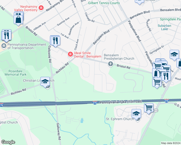 map of restaurants, bars, coffee shops, grocery stores, and more near 196 Saddlebrook Drive in Bensalem