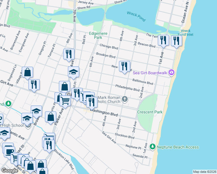map of restaurants, bars, coffee shops, grocery stores, and more near 414 Philadelphia Boulevard in Sea Girt