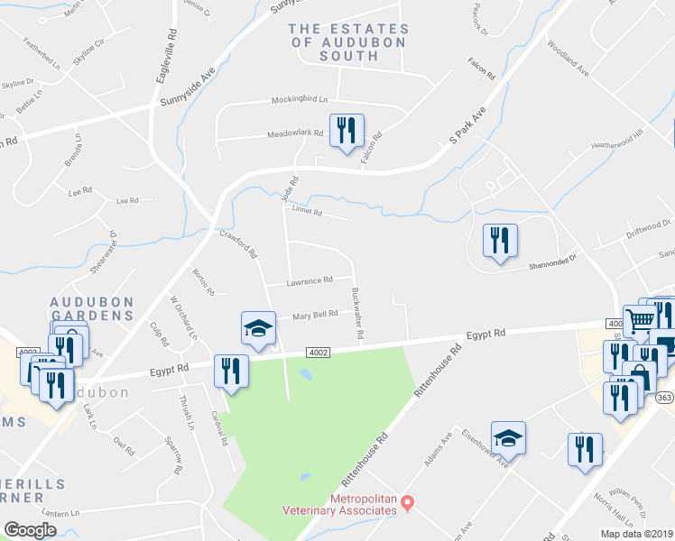 map of restaurants, bars, coffee shops, grocery stores, and more near 5 Lawrence Road in Eagleville