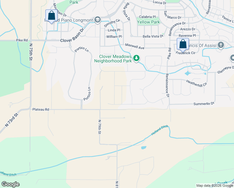 map of restaurants, bars, coffee shops, grocery stores, and more near 7915 Plateau Road in Longmont