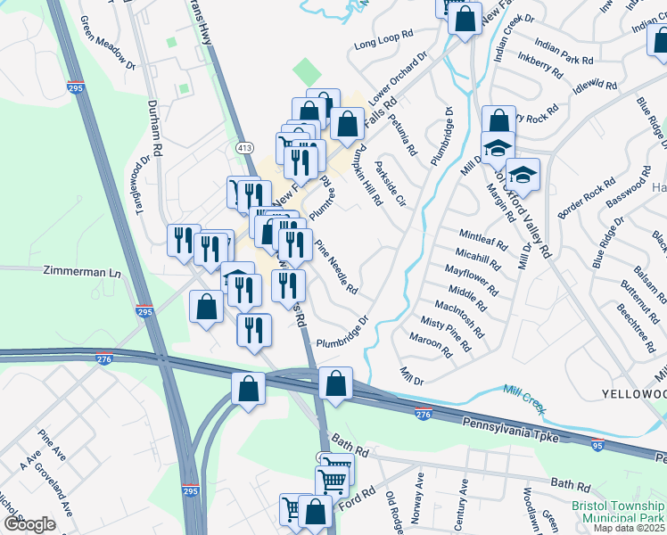 map of restaurants, bars, coffee shops, grocery stores, and more near 51 Pine Needle Rd in Levittown