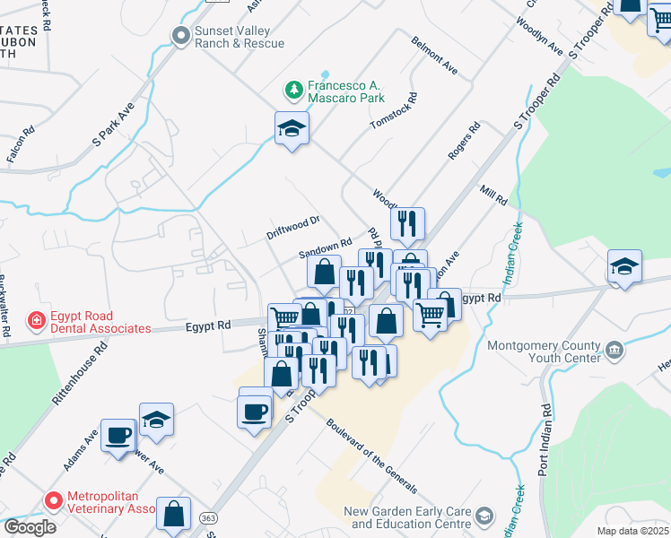 map of restaurants, bars, coffee shops, grocery stores, and more near 43 Brimfield Road in Eagleville