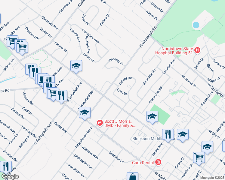 map of restaurants, bars, coffee shops, grocery stores, and more near 58 Oxford Circle in Norristown