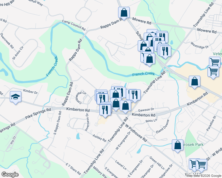 map of restaurants, bars, coffee shops, grocery stores, and more near 214 Mill Bridge Lane in Phoenixville