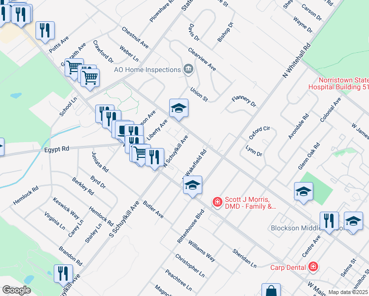 map of restaurants, bars, coffee shops, grocery stores, and more near 52 North Schuylkill Avenue in Norristown