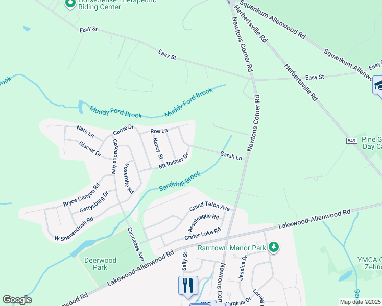 map of restaurants, bars, coffee shops, grocery stores, and more near 24 Mount Ranier Drive in Howell Township