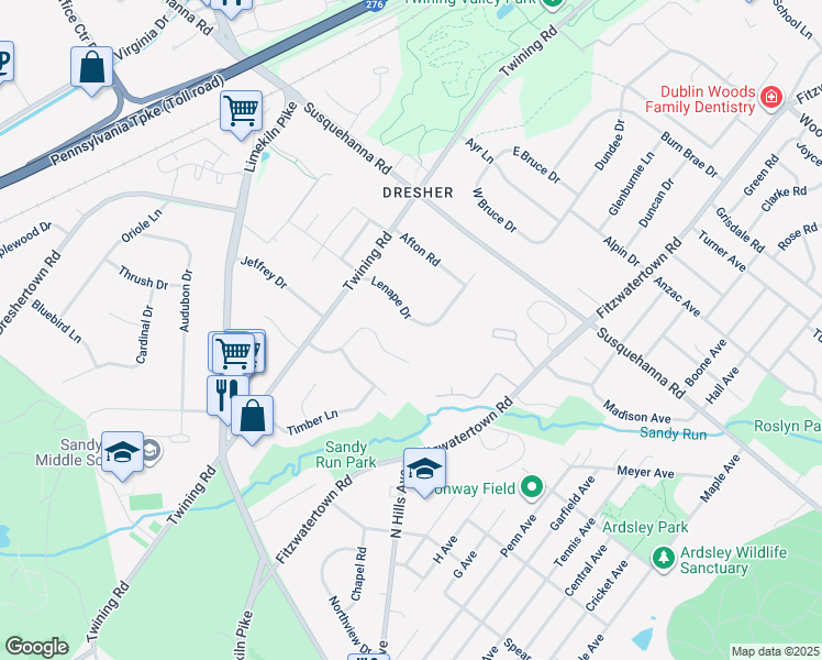 map of restaurants, bars, coffee shops, grocery stores, and more near 3250 Lenape Drive in Dresher