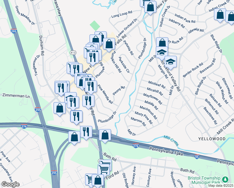 map of restaurants, bars, coffee shops, grocery stores, and more near 22 Peony Road in Levittown