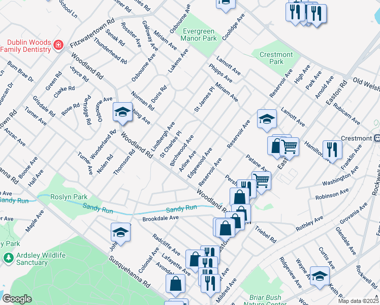 map of restaurants, bars, coffee shops, grocery stores, and more near 1384 Arline Avenue in Abington