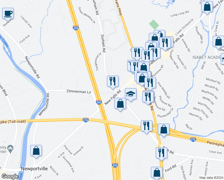 map of restaurants, bars, coffee shops, grocery stores, and more near 2366 Durham Road in Langhorne