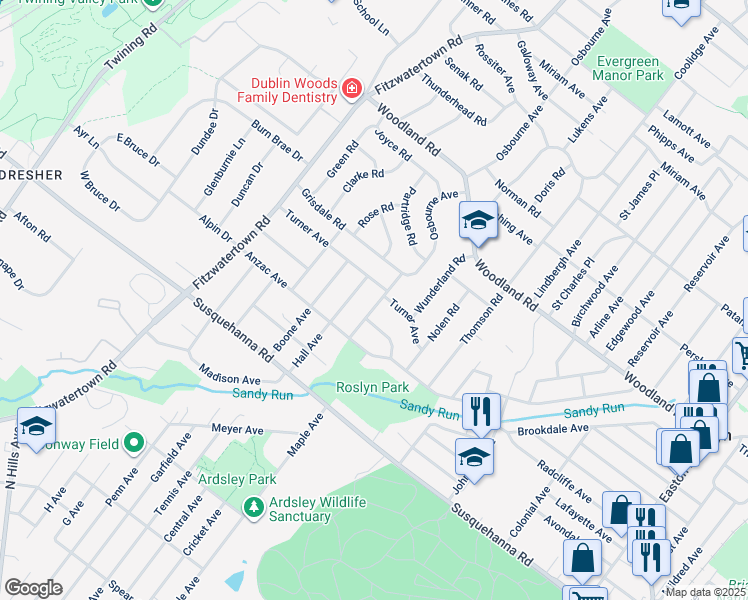 map of restaurants, bars, coffee shops, grocery stores, and more near 1242 Osbourne Avenue in Roslyn