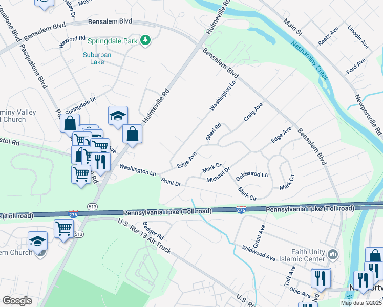 map of restaurants, bars, coffee shops, grocery stores, and more near 5870 Edge Avenue in Bensalem