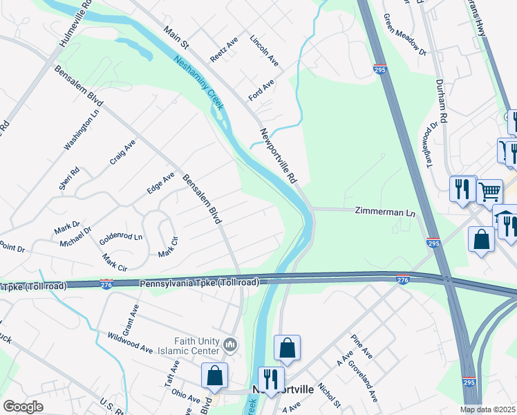 map of restaurants, bars, coffee shops, grocery stores, and more near 6450 Crescent Avenue in Bensalem