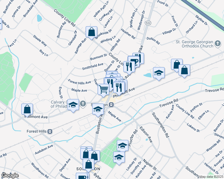 map of restaurants, bars, coffee shops, grocery stores, and more near 14230 Bustleton Avenue in Philadelphia