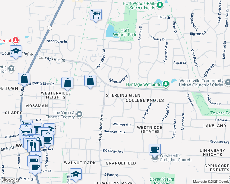 map of restaurants, bars, coffee shops, grocery stores, and more near 231 Sterling Glen Drive in Westerville