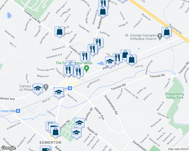 map of restaurants, bars, coffee shops, grocery stores, and more near 13675 Philmont Avenue in Philadelphia
