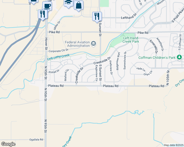 map of restaurants, bars, coffee shops, grocery stores, and more near 2239 Bluebird Drive in Longmont