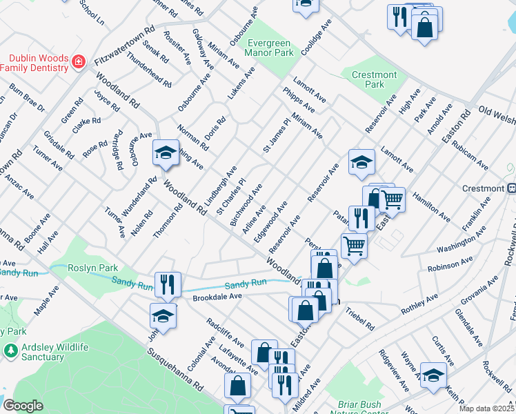 map of restaurants, bars, coffee shops, grocery stores, and more near 1384 Arline Avenue in Abington
