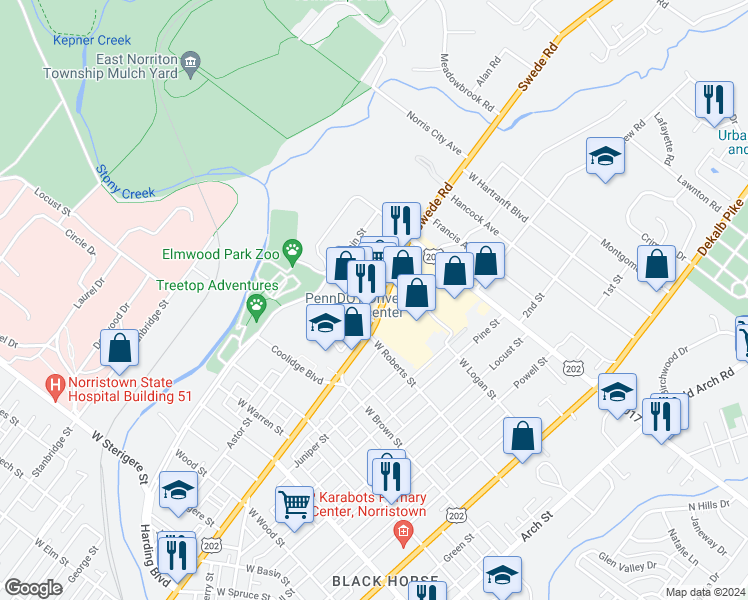 map of restaurants, bars, coffee shops, grocery stores, and more near 1725 Markley Street in Norristown