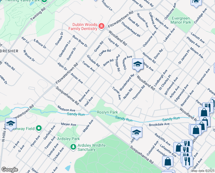map of restaurants, bars, coffee shops, grocery stores, and more near 1242 Osbourne Avenue in Roslyn