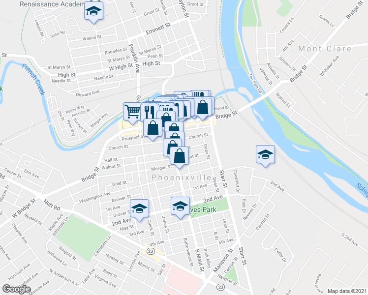map of restaurants, bars, coffee shops, grocery stores, and more near 121 Jackson Street in Phoenixville