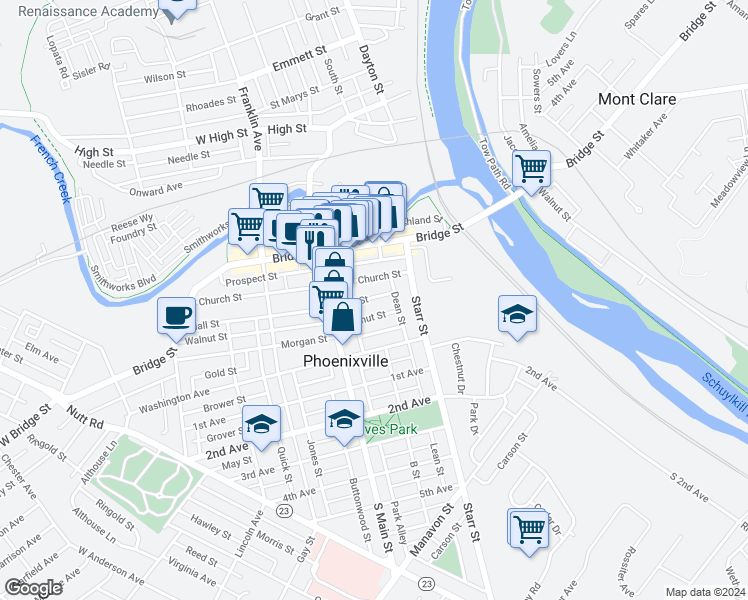 map of restaurants, bars, coffee shops, grocery stores, and more near 14 Hall Street in Phoenixville