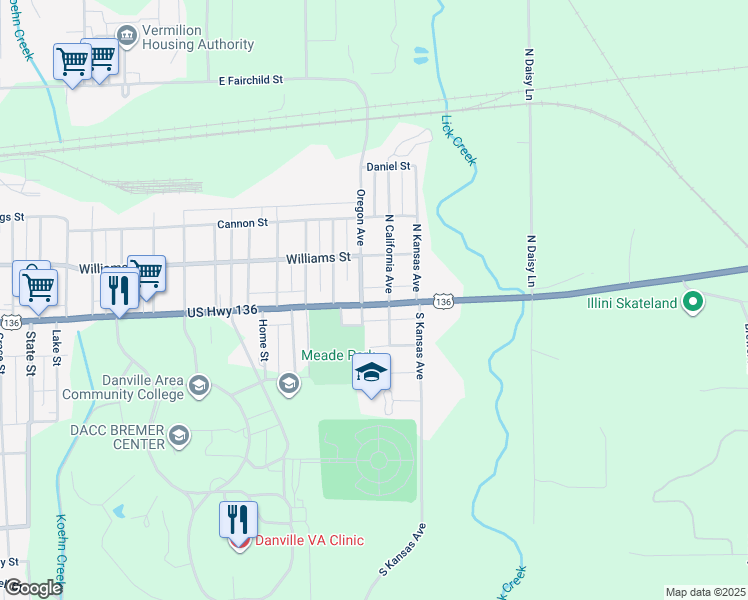 map of restaurants, bars, coffee shops, grocery stores, and more near 2805 East Main Street in Danville