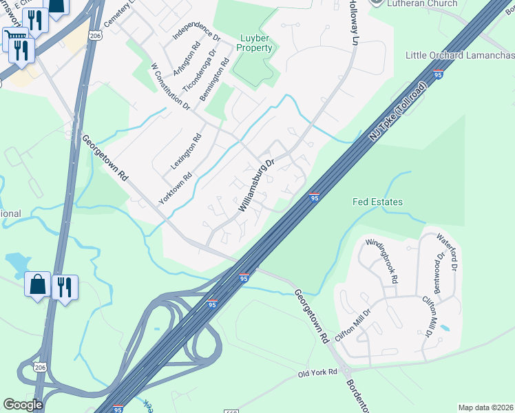 map of restaurants, bars, coffee shops, grocery stores, and more near 20 Norfolk Court in Fieldsboro