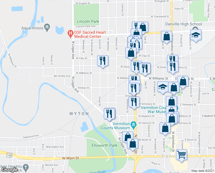 map of restaurants, bars, coffee shops, grocery stores, and more near 703 Kimber Street in Danville
