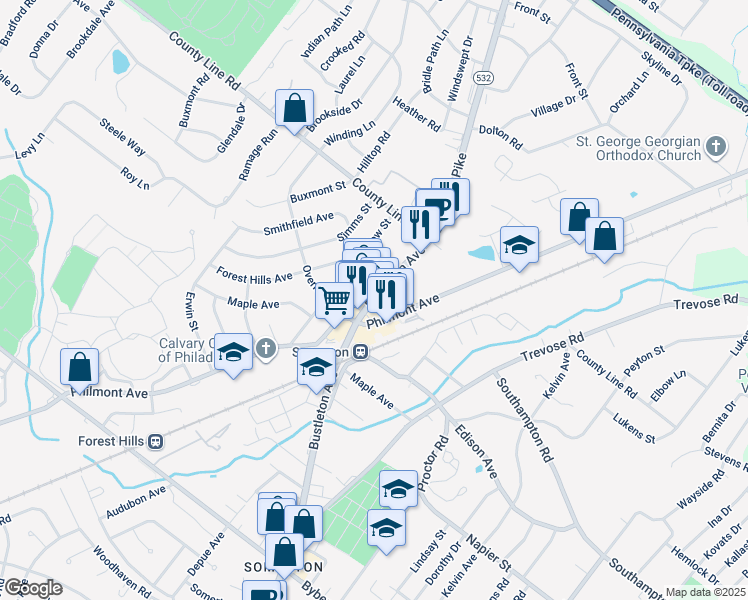 map of restaurants, bars, coffee shops, grocery stores, and more near 14250 Bustleton Avenue in Philadelphia