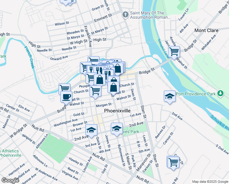 map of restaurants, bars, coffee shops, grocery stores, and more near 110 Main Street in Phoenixville