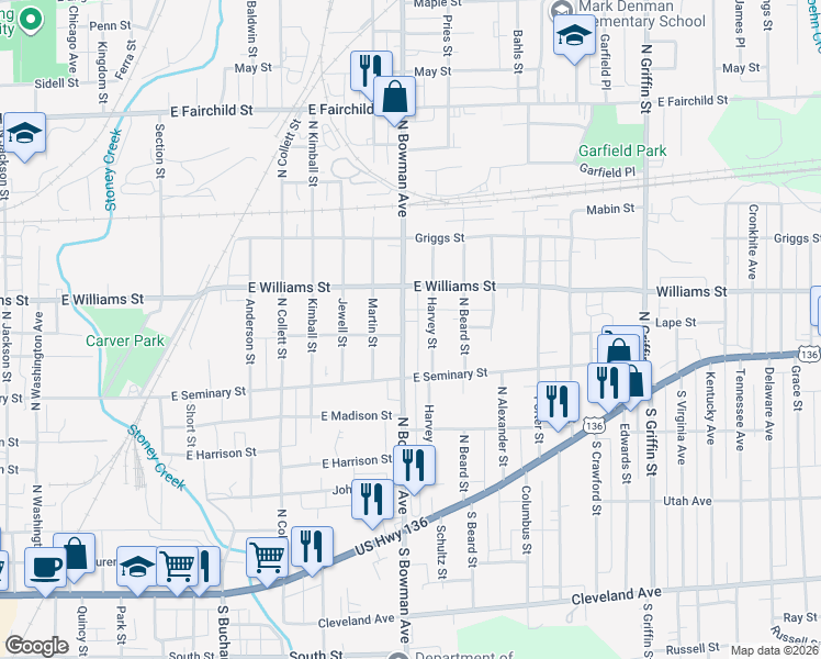 map of restaurants, bars, coffee shops, grocery stores, and more near 500-598 North Bowman Avenue in Danville