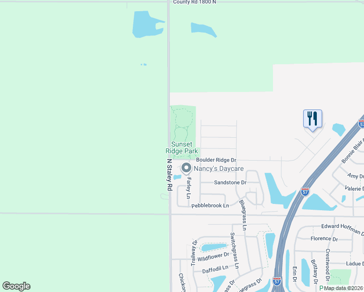map of restaurants, bars, coffee shops, grocery stores, and more near 3907 Boulder Ridge Drive in Champaign