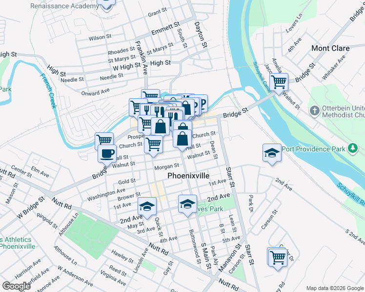 map of restaurants, bars, coffee shops, grocery stores, and more near 110 Main Street in Phoenixville