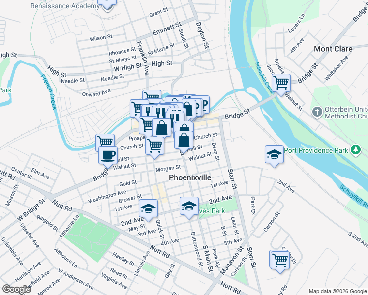 map of restaurants, bars, coffee shops, grocery stores, and more near 115 Main Street in Phoenixville